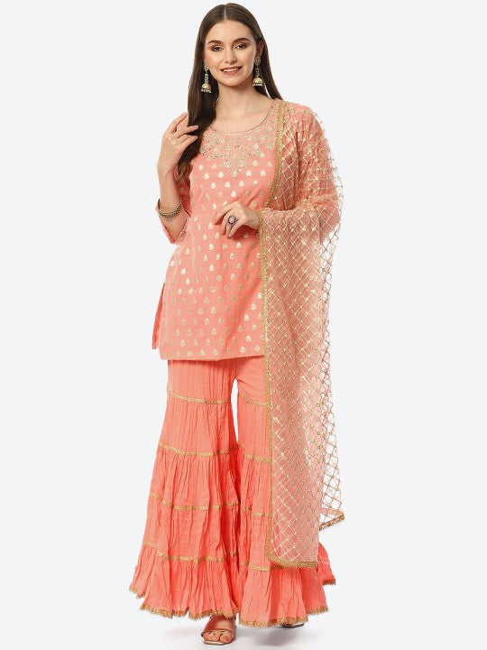 Biba Women Pink Embroidered Kurta with Sharara & Dupatta