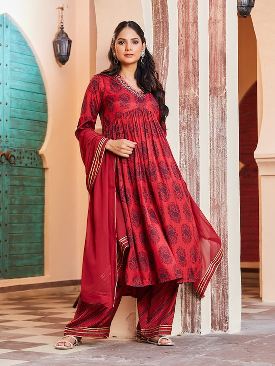 Biba Floral Printed Empire Mirror Work Kurta & Palazzos With Dupatta