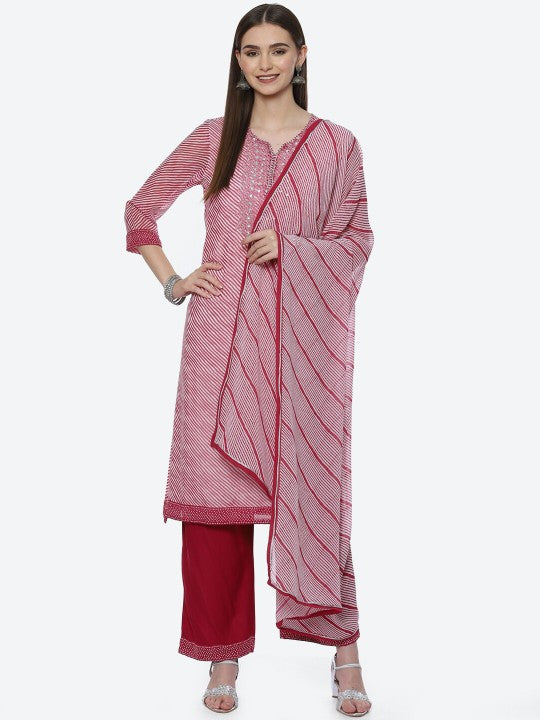 Biba Women Pink Striped Sequinned Kurta with Palazzos & With Dupatta Plus Size