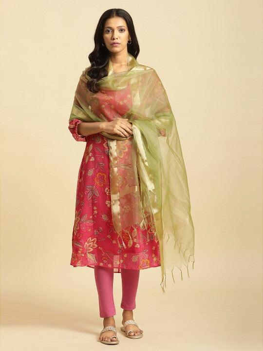 W Green & Gold-Toned Zari Dupatta With Tasselled Border