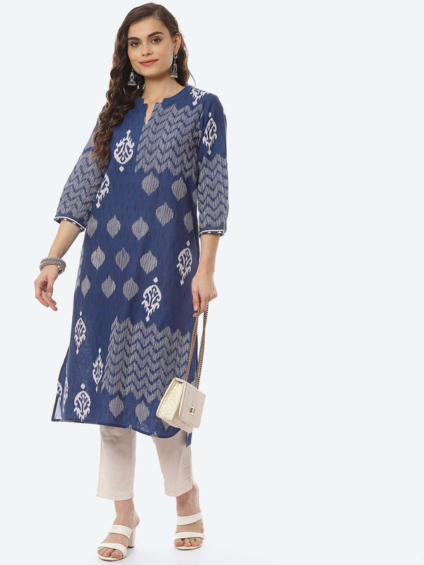 Biba Women Blue Ethnic Motifs Printed Thread Work Kurta