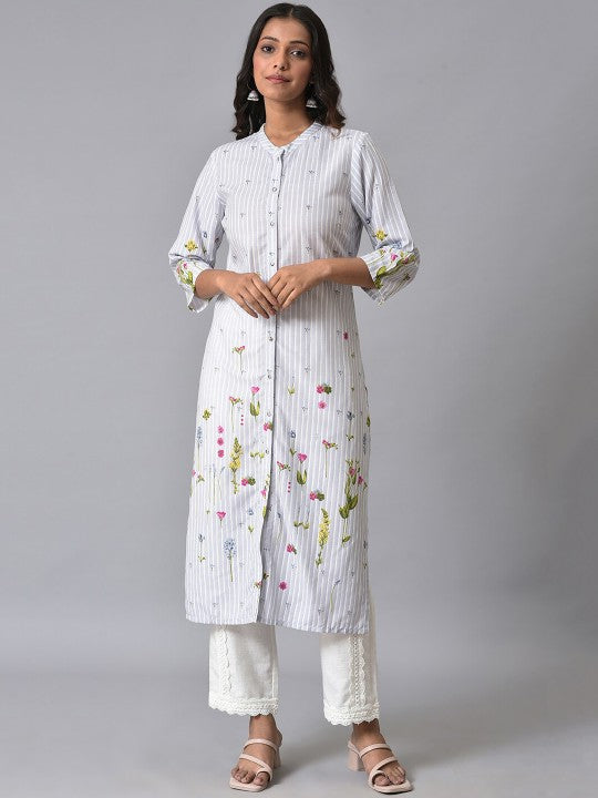 W Floral Printed Straight Band Collar Kurta with Trousers