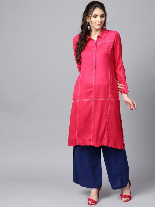 W Women Pink Solid Straight Collar Kurta
