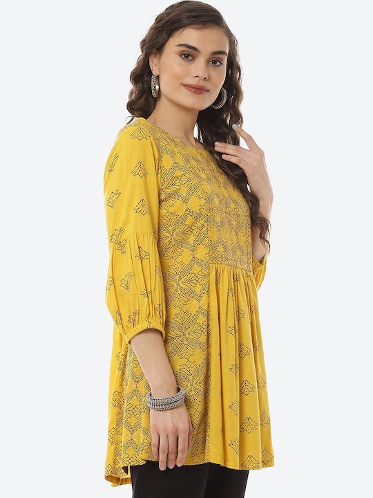 Biba Mustard Yellow & Black Ethnic Motifs Printed Kurti