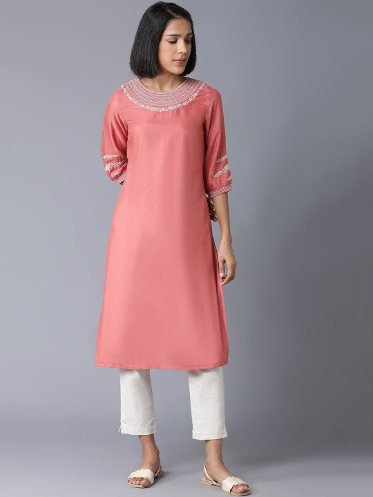 W Women Pink Embroidered Kurta