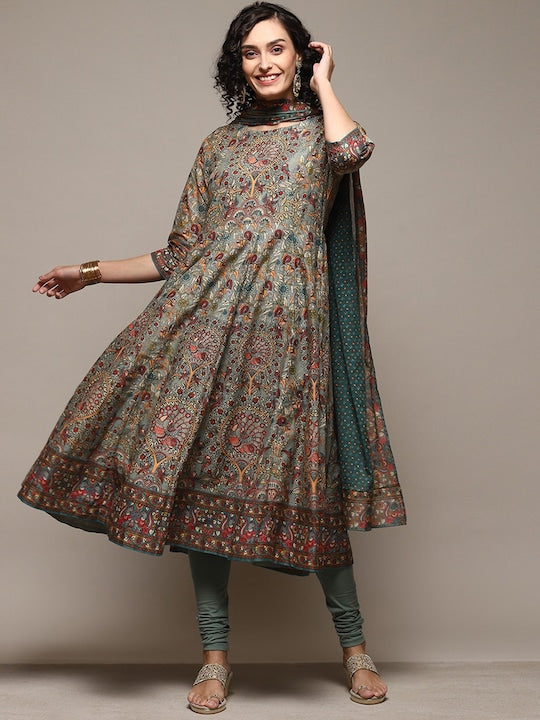 Biba Ethnic Motifs Printed Pure Cotton Anarkali Kurta & Leggings With Dupatta