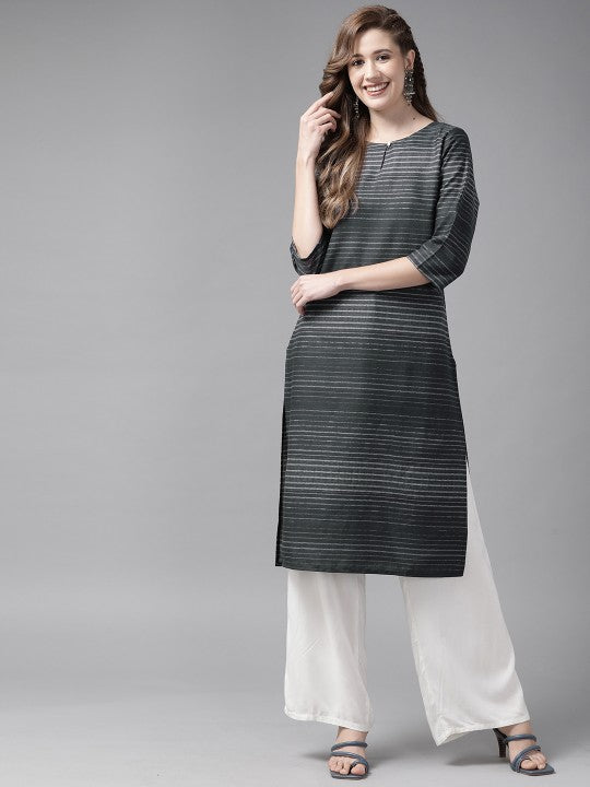 W Women Charcoal Grey Striped Keyhole Neck Kurta