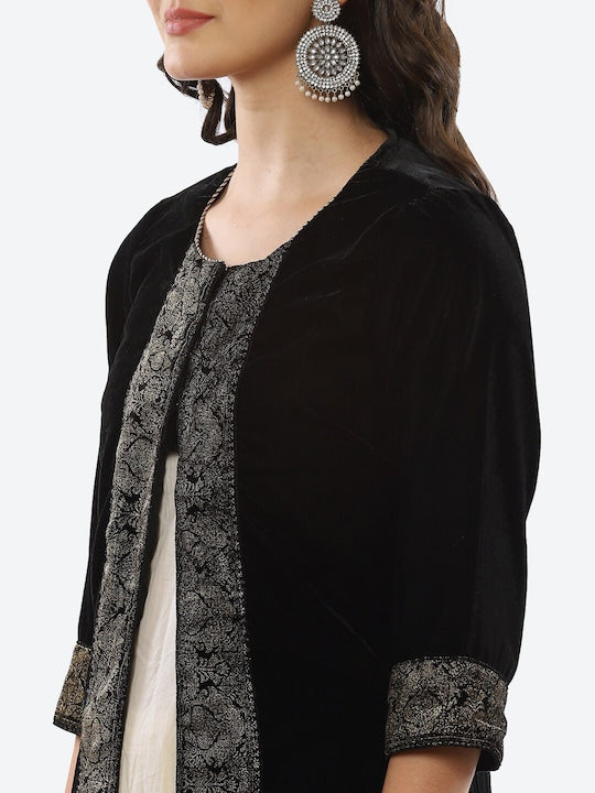 Biba Women Black & Cream-Coloured Ethnic Motifs Printed Velvet Anarkali Kurta