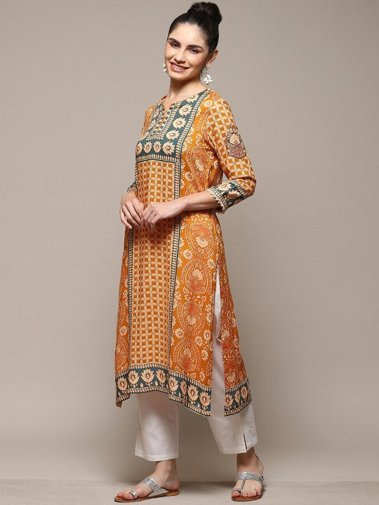 Biba Ethnic Motifs Printed Straight Kurta - Yellow