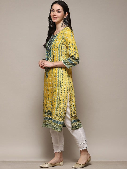 Biba Ethnic Motifs Printed Round Neck Regular Kurta - Yellow