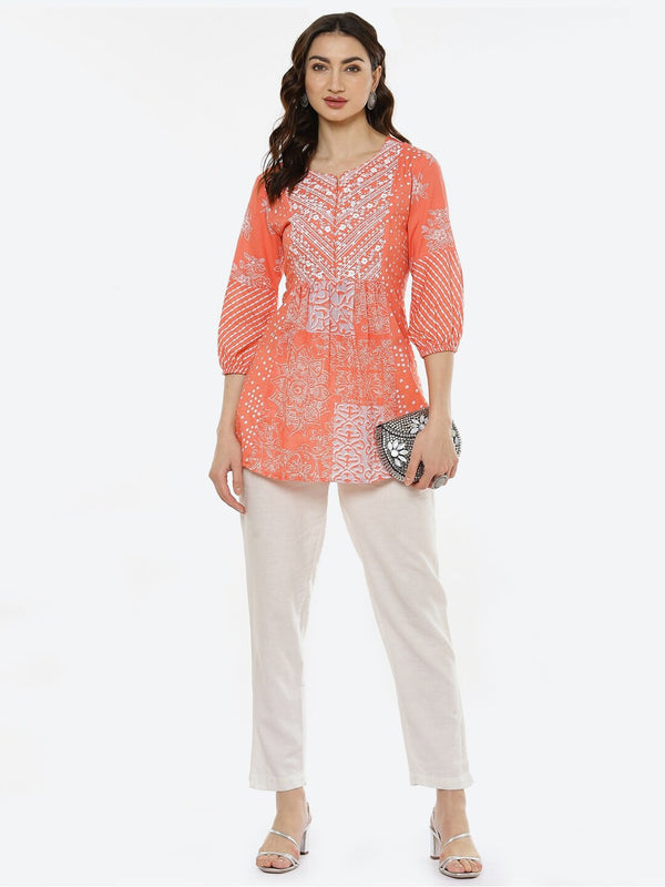 Biba Coral & White Ethnic Motifs Printed Pure Cotton Pleated Kurti