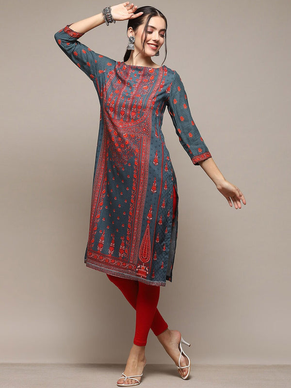 Biba Ethnic Motifs Printed Round Neck A-Line Kurta - Teal Blue