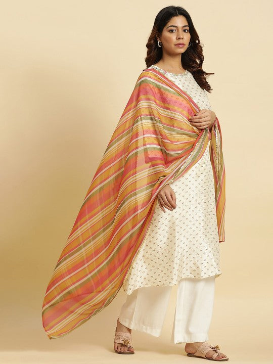 W Pink & Yellow Striped Sequined Dupatta