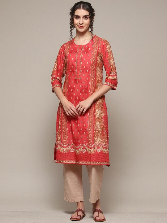 Biba Ethnic Motifs Printed Kurta with Palazzos - Coral & Beige