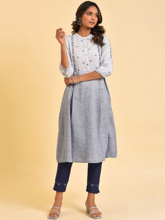 W Grey & Navy Blue Floral Embroidered Pure Cotton A-Line Kurta