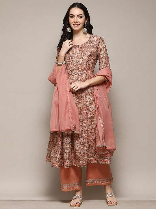 Biba Floral Printed Round Neck Sequinned Anarkali Kurta with Palazzos And Dupatta