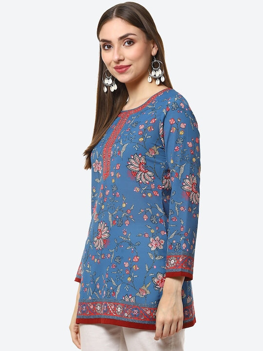 Biba Blue & Red Floral Printed Kurti