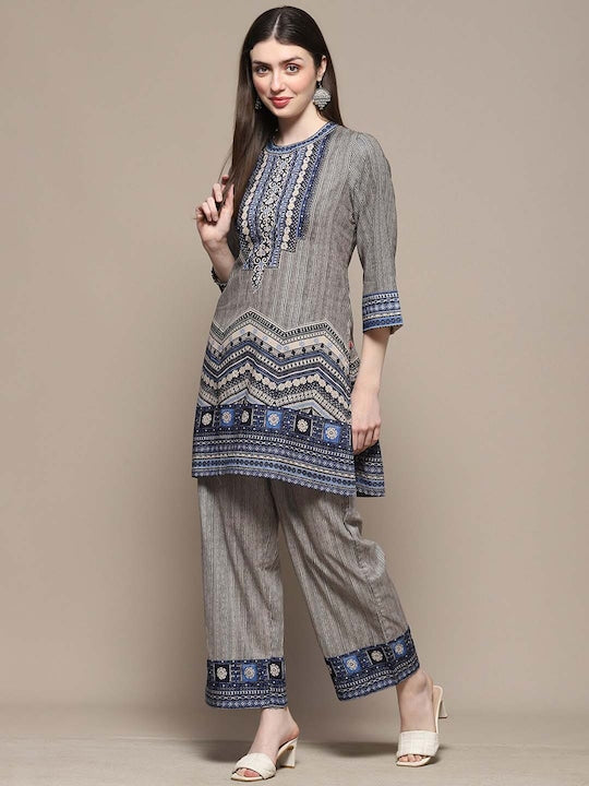 Biba Ethnic Motifs Printed Pure Cotton Straight Kurta With Palazzos