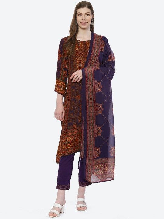 Biba Women Violet Ethnic Motifs Printed Kurta with Trousers & With Dupatta