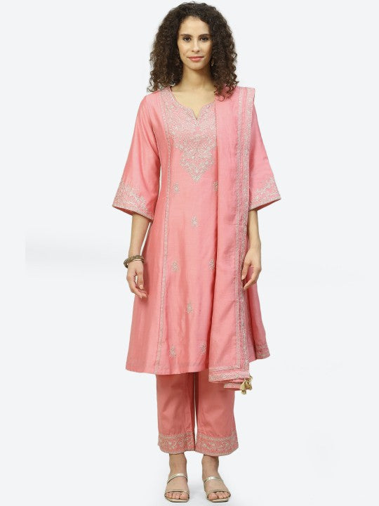 Biba Women Pink Embroidered Sequinned Chanderi Silk Kurta with Palazzos With Dupatta