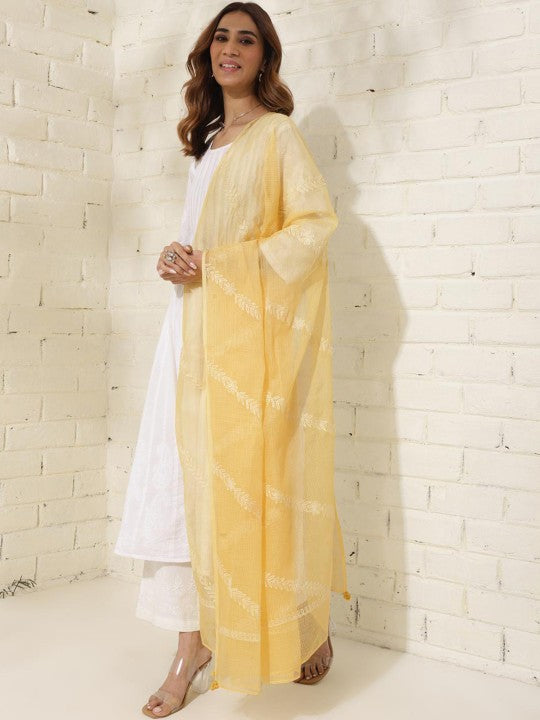 Fabindia Ethnic Motifs Embroidered Chikankari Detailed Cotton Silk Dupatta - Yellow & White