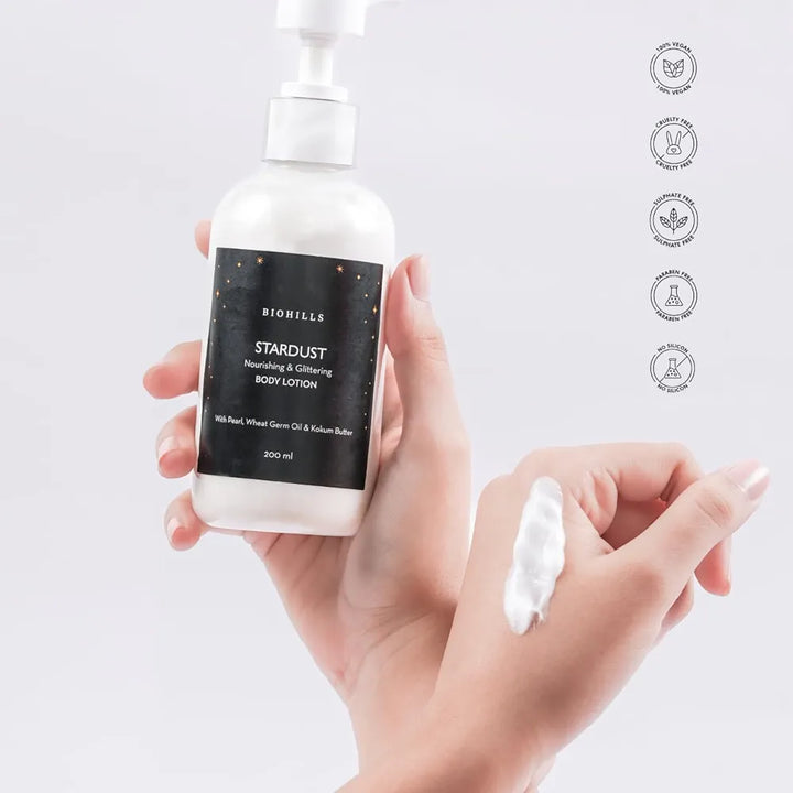 Biohills Stardust Body Milk | 200ml | Luxurious Fragrance, Non-Greasy, Deeply Moisturizing | Enriched with Wheat Germ Oil, Vitamin E & Moroccan Almond Oil | Pearls Radiance & Shimmering Glitters