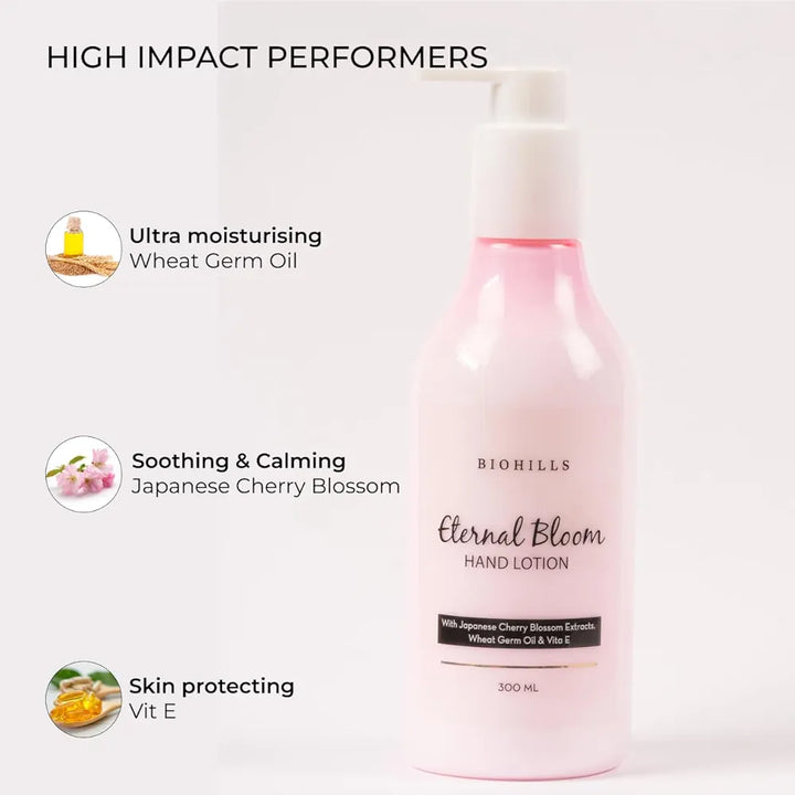 Biohills Eternal Bloom Hand Lotion | Enriched With Japanese Cherry Blossom Extract & Vitamin E | Ideal For Dry & Rough Hands | Intense Mositurising, Non-Greasy & Deeply Nourished | 300ml