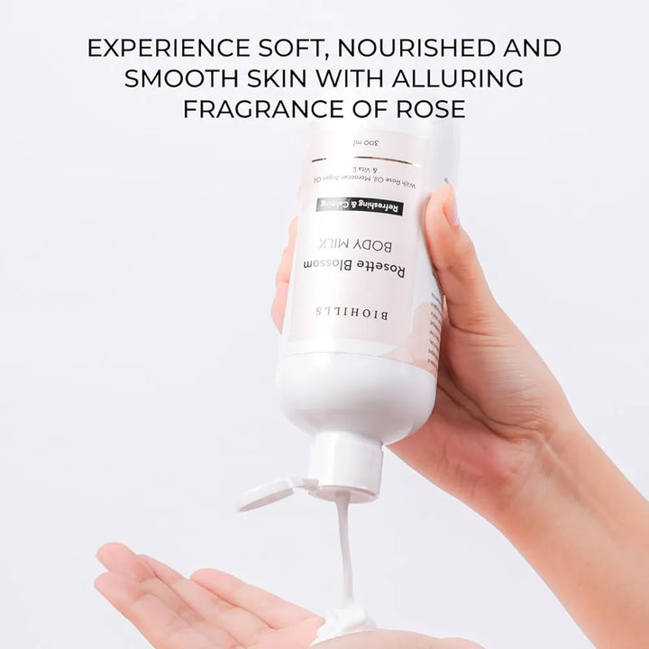 Biohills Rosette Blossom Body Milk | 300ml | Luxurious Fragrance, Non-Greasy, Deeply Moisturizing | Enriched with Wheat Germ Oil, Rose Oil & Moroccan Argan Oil | Infused with Vitamin E & Kokum Butter