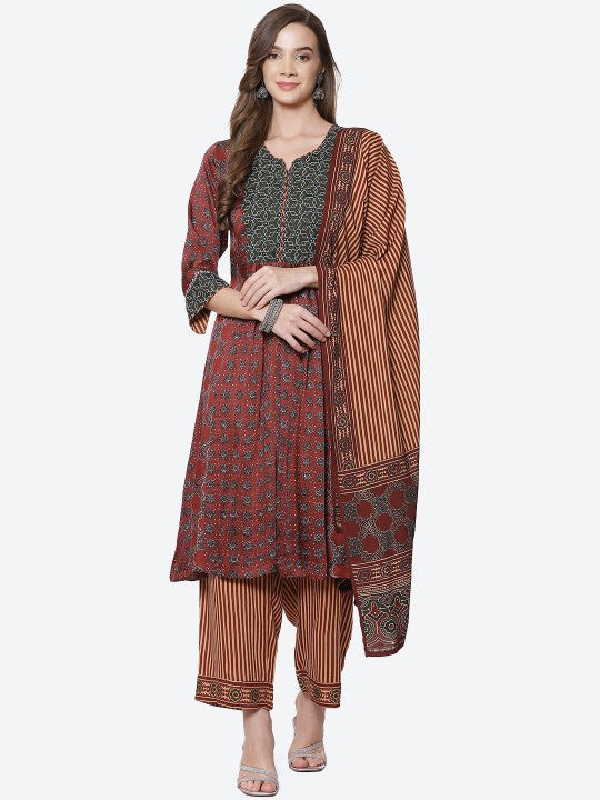 Biba Women Maroon Ethnic Motifs Printed Pleated Kurta with Trousers & With Dupatta