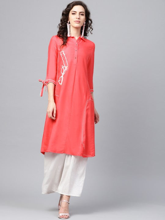 W Women Pink Solid A-Line Kurta