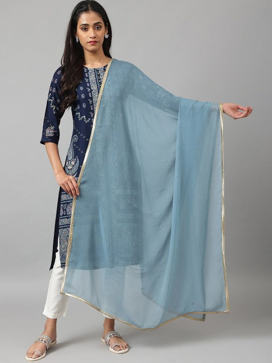 W Women Blue & Gold-Toned Poly Crepe Dupatta