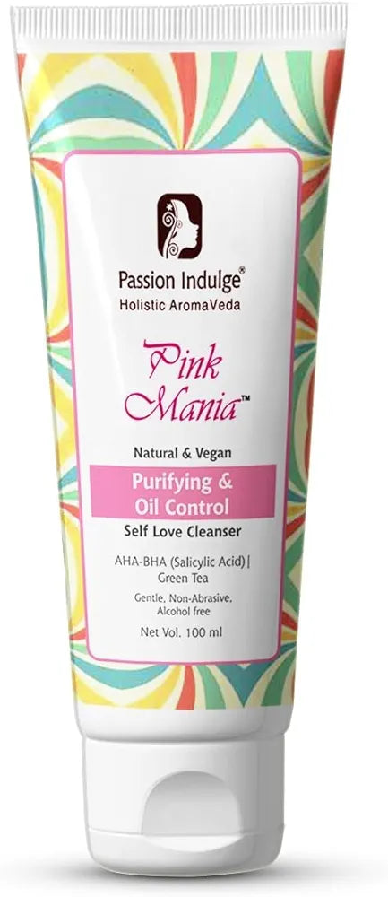 Passion Indulge AHA BHA Face Wash For Acne, Oily skin | Pinkmania Cleanser For Skin Purifying & Oil Control With Turmeric & Green Tea | Acne Removal - 100 ml