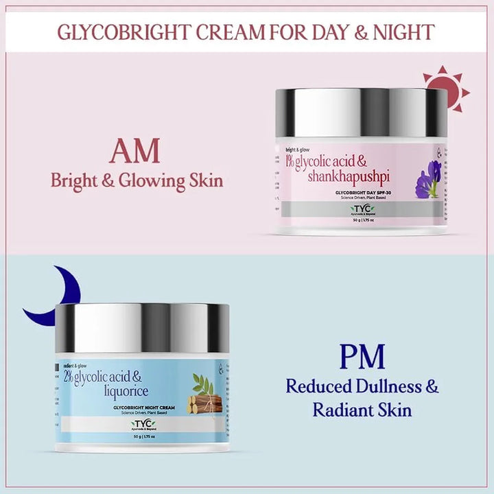 TYC - TRUST YOUR CHOICE Ayurveda Glycobright Day SPF-30 Face Cream For Bright And Glowing Skin With 1% Glycolic And Shankhapushpi, Plant Based - 50 gm 