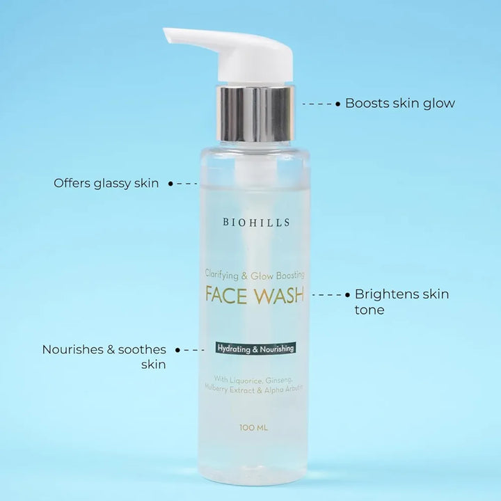 Biohills Glow & Glassy Face Wash Cleanser 100ml | Hyaluronic Acid, Niacinamide & Alpha Arbutin for Hydration & Skin Clarity | Ginseng, Orange Peel & Liquorice for Brightening & Even Tone