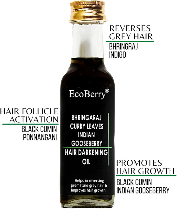 EcoBerry Bhringraj Curry Leaves Indian Gooseberry Hair Darkening Oil | 100% Natural, Organic & Vegan | Strengthens Hair, Reduces Breakage, Dandruff & Dry Scalp | Chemical-Free, Alcohol-Free, Paraben-Free | 100ml