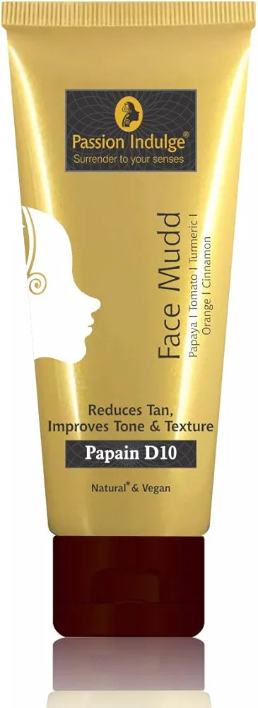 Passion Indulge Papain D10 Natural Face Mudd Pack for Tan Removal and Uneven Skin Tone| 100% Natural | 100% Vegetarian | Aromatherapy | Peta Certified - 100gm