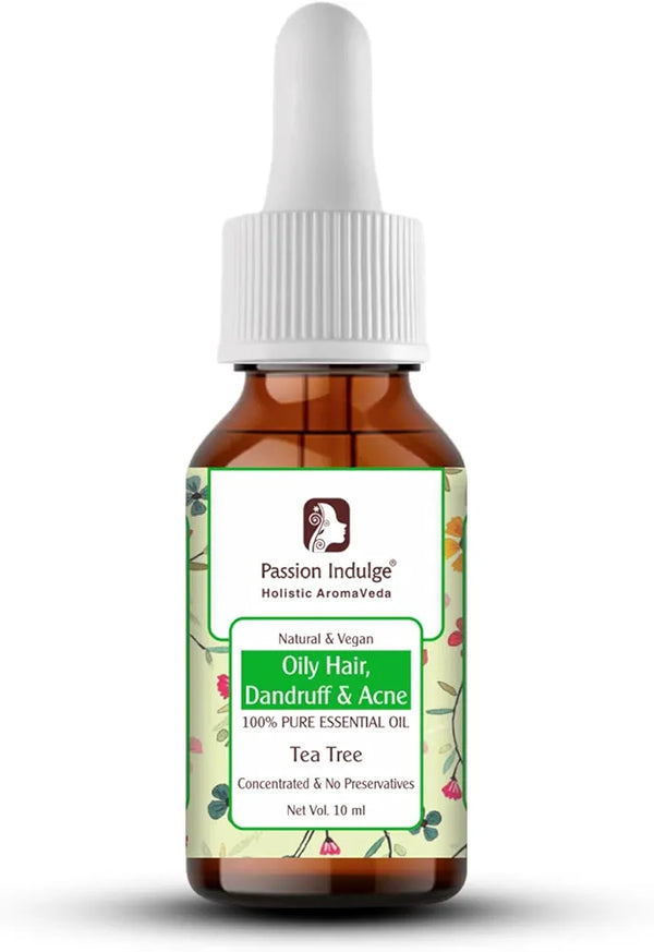 Passion Indulge Natural Tea Tree Essential Oil for Oily Hair Dandruff & Acne | No Preservatives | 100% Vegetarian| Vegan - 10ml