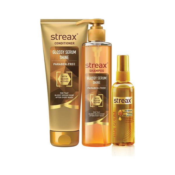 Streax Glossy Serum Shine Shampoo+ Conditioner with Walnut Hair Serum Combo