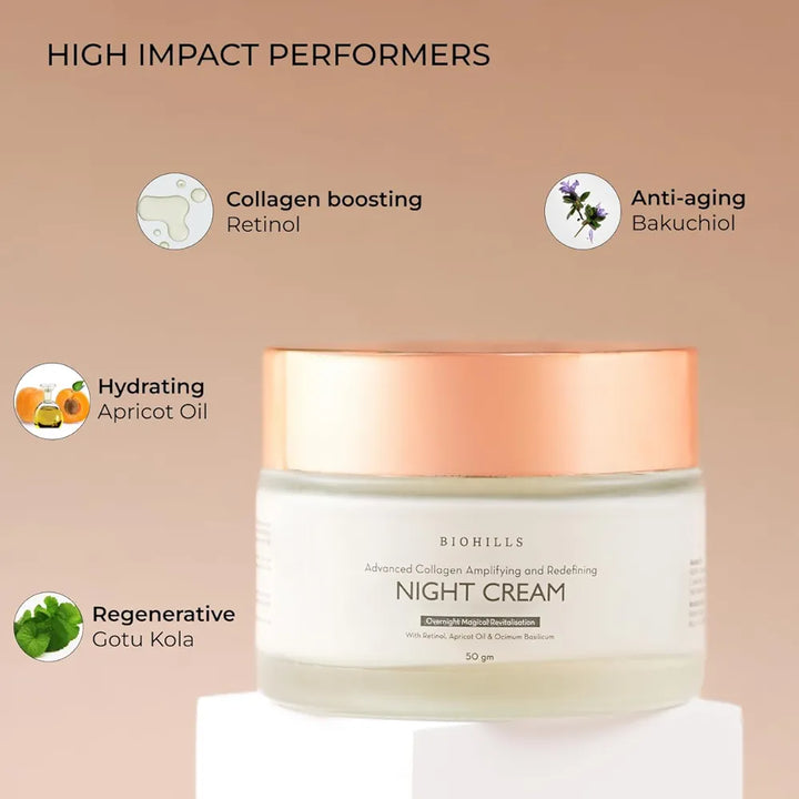 Biohills Advanced Collagen Night Cream | Bakuchiol & Retinol for Anti-Aging & Fine Line Reduction | Hyaluronic Acid & Niacinamide for Hydration & Skin Firmness | Olive Leaf & Gotu Kola 