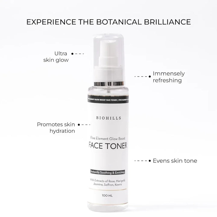 Biohills Five Elements Glow Boost Toner 100ml | Hydrating & Brightening Toner with Rose, Jasmine, Saffron & Marigold | Refreshing & Soothing for Radiant, Even-Toned Skin