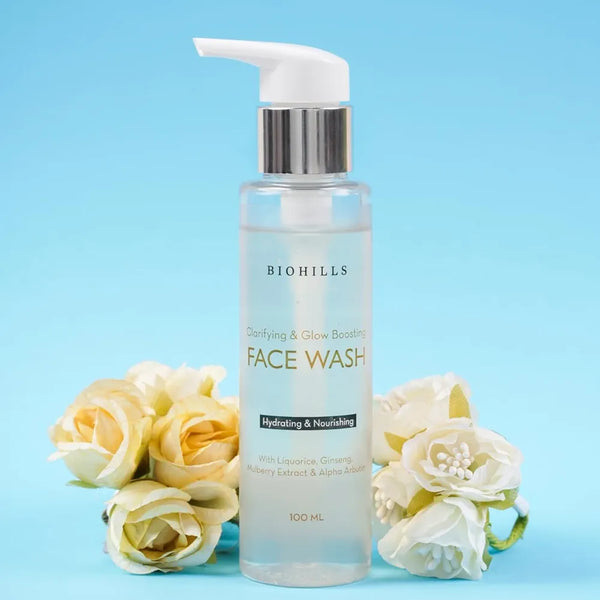 Biohills Glow & Glassy Face Wash Cleanser 100ml | Hyaluronic Acid, Niacinamide & Alpha Arbutin for Hydration & Skin Clarity | Ginseng, Orange Peel & Liquorice for Brightening & Even Tone
