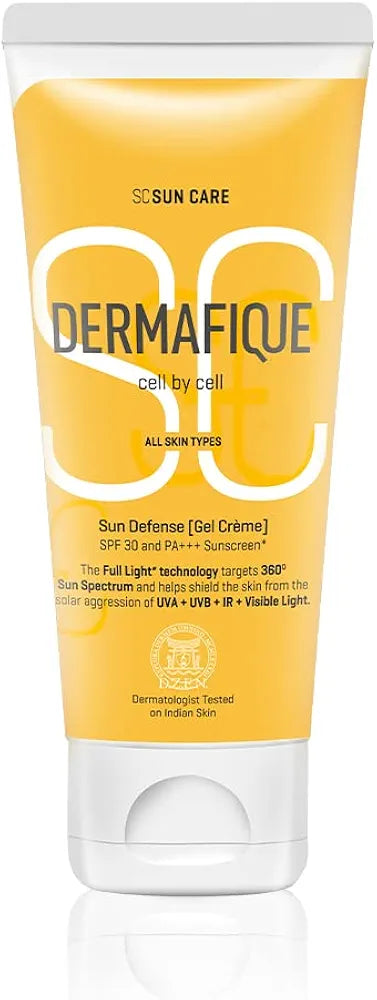 Dermafique Sun Defense Gel Crème, SPF 30, PA +++ Sunscreen 50g, for All Skin Types, 360 degree Sun Spectrum Protection, Prevents Tanning & Photoaging, Protects from UVA,UVB, IR & Visible Light, Dermatologist Tested on Indian Skin, for Men & Women