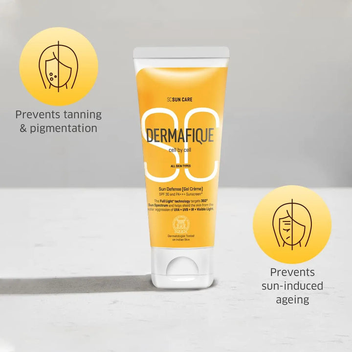 Dermafique Sun Defense Gel Crème, SPF 30, PA +++ Sunscreen 50g, for All Skin Types, 360 degree Sun Spectrum Protection, Prevents Tanning & Photoaging, Protects from UVA,UVB, IR & Visible Light, Dermatologist Tested on Indian Skin, for Men & Women