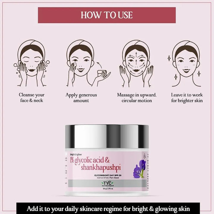 TYC - TRUST YOUR CHOICE Ayurveda Glycobright Day SPF-30 Face Cream For Bright And Glowing Skin With 1% Glycolic And Shankhapushpi, Plant Based - 50 gm 