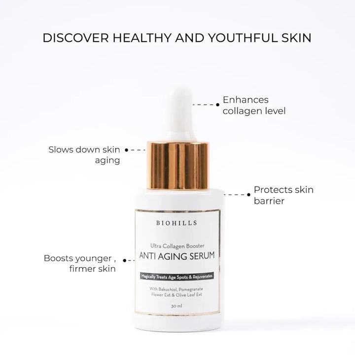 Biohills Ultra Collagen Booster - 30ml | Anti-Aging Serum with Hyaluronic Acid, Niacinamide, Bakuchiol & Retinol | Deep Hydration, Wrinkle Reduction & Skin Firming | Olive Leaf & Pomegranate Extract