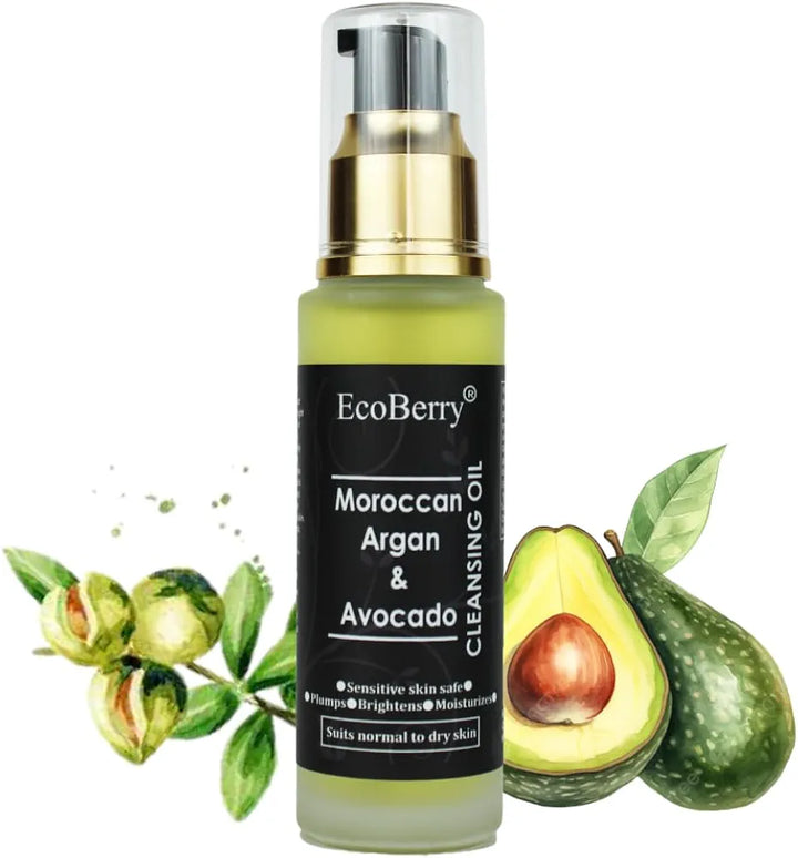 EcoBerry Moroccan Argan & Avocado Cleansing Oil For Oily Skin, Boosts Hydration, Increases Collagen Production, Improves Elasticity, Reduce Wrinkles, Vegan