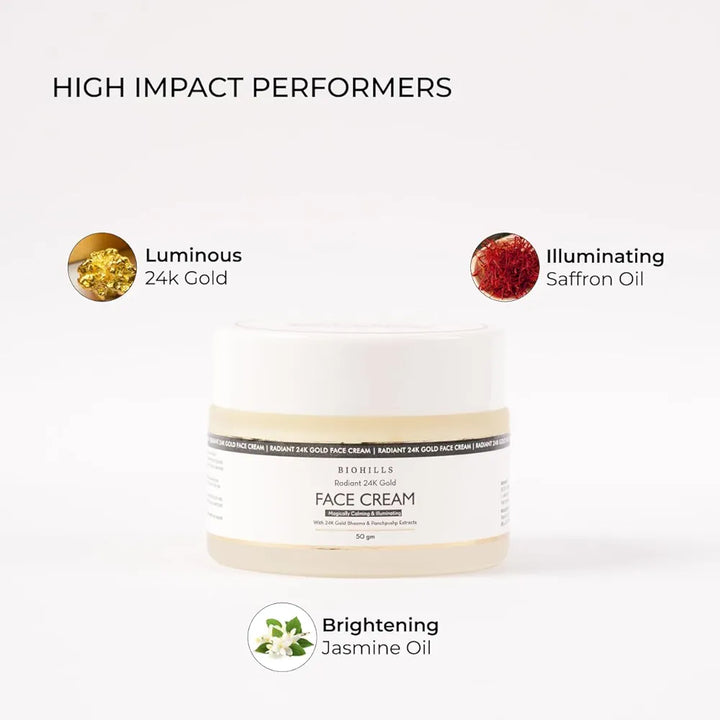 Biohills 24K Gold Face Cream For Glowing Skin and Hydration With Saffron for Brightening & Youthful Glow, Rose, Jasmine & Marigold For Moisturising & Soothing Skin | Kewra for Refreshing Skin Balance | 50gm