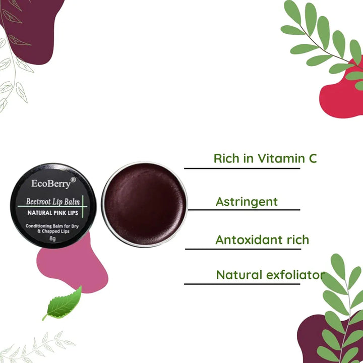 EcoBerry Beetroot Lip Balm, Natural Pink Lips Dry, Chapped Lips, Moisturizing, Conditioning, Natural SPF, Free from Mineral Oil, Preservative, Paraben, Veg 8g