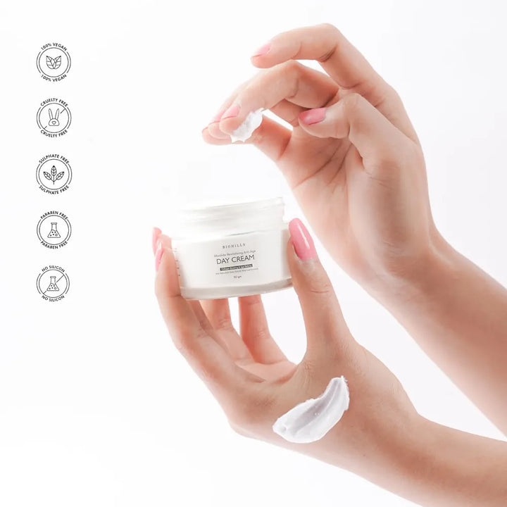 Biohills Absolute Revitalising Anti-Age Day Cream 50gm | Bakuchiol, Niacinamide & Gotu Kola for Anti-Wrinkle & Firming | Olive Leaf, Wheat Germ & Sweet Almond Oil for Deep Hydration & Collagen Boost