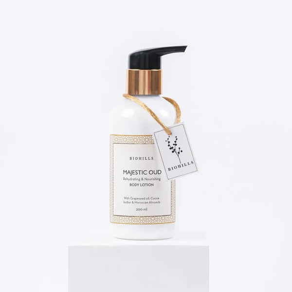 Biohills Majestic Oudh Body Milk - 200ml | Luxurious Fragrance, Non-Greasy Formula, Deeply Moisturizing | Enriched with Cocoa Butter, Grapeseed Oil & Moroccan Almond Oil For Long Lasting Hydration